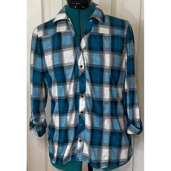 Women Bongo Brand Blouse Blue Plaid w/Lacey Back Polyester Blend Junior Size M - Picture 15 of 16